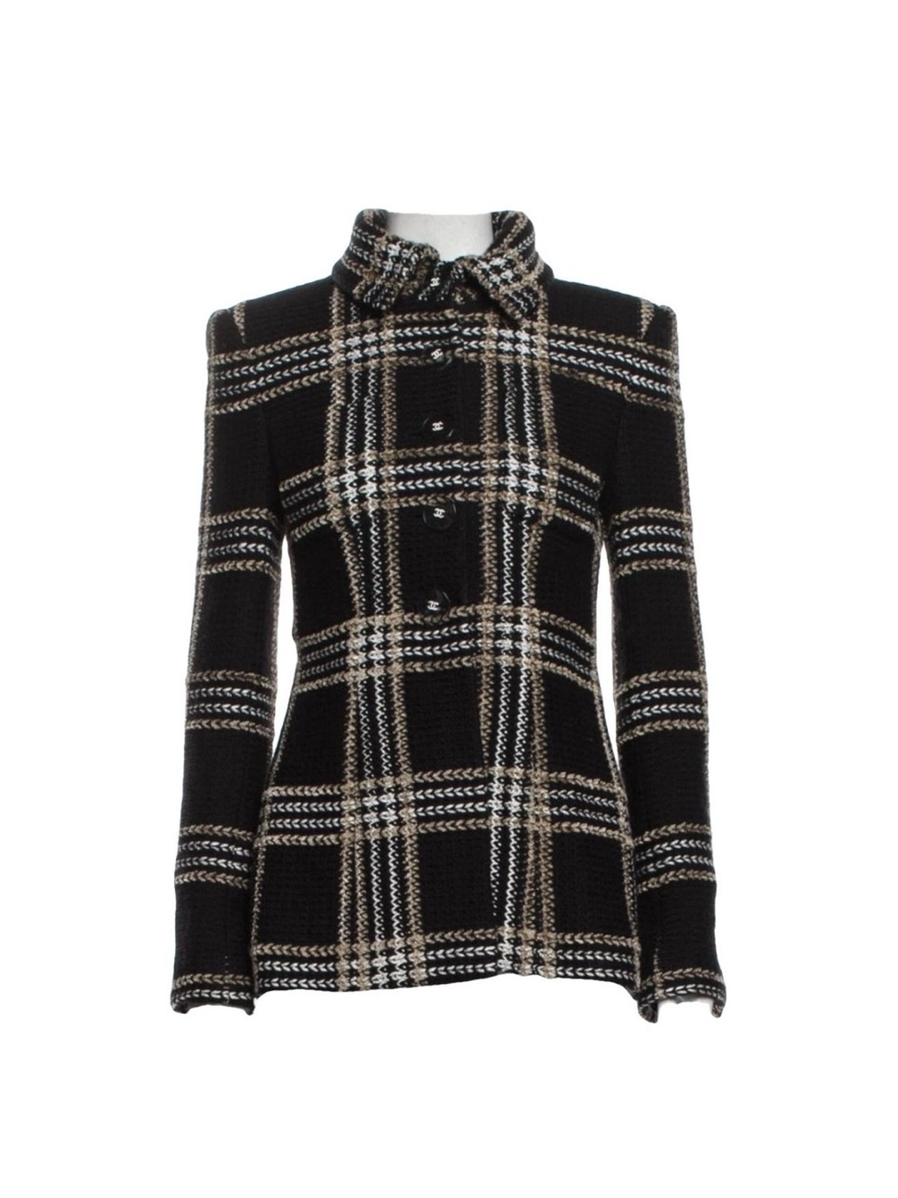 CHANEL Black Plaid Tweed Blazer with Cream & White Checks